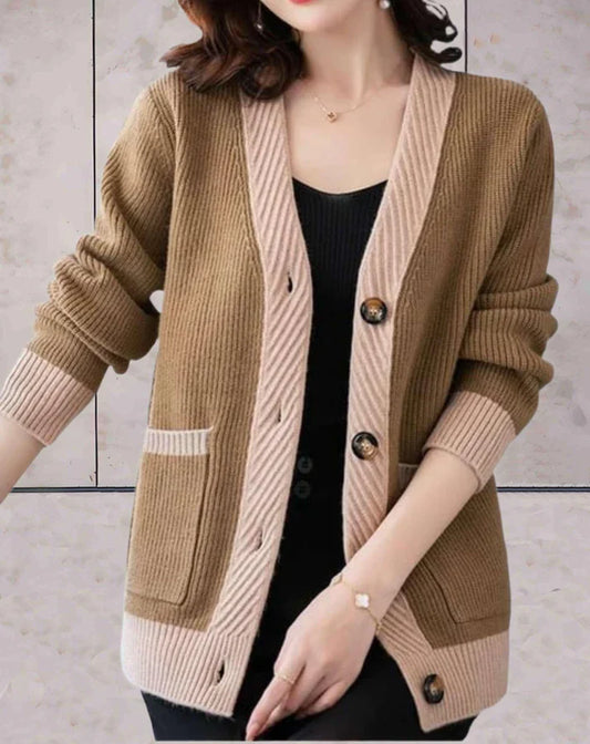 Two-Tone Trendy V-Neck Cardigan