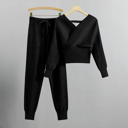 Women's spring autumn v-neck off-shoulder knitted two-piece set