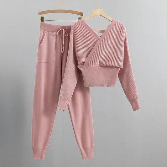 Knitted V-Neck Wrap Loungewear Set