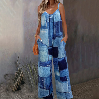 Women's Wide-Leg Jumpsuit - Sleeveless Spaghetti Strap - Patchwork Denim Look