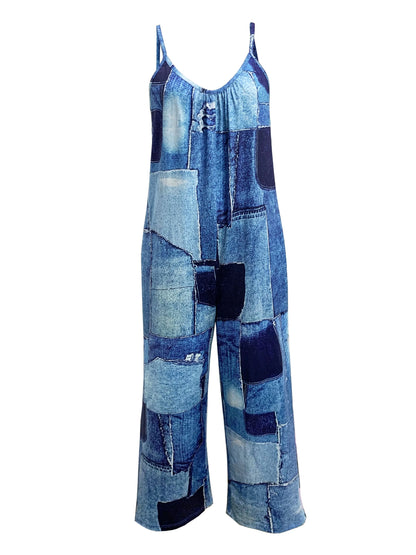 Women's Wide-Leg Jumpsuit - Sleeveless Spaghetti Strap - Patchwork Denim Look