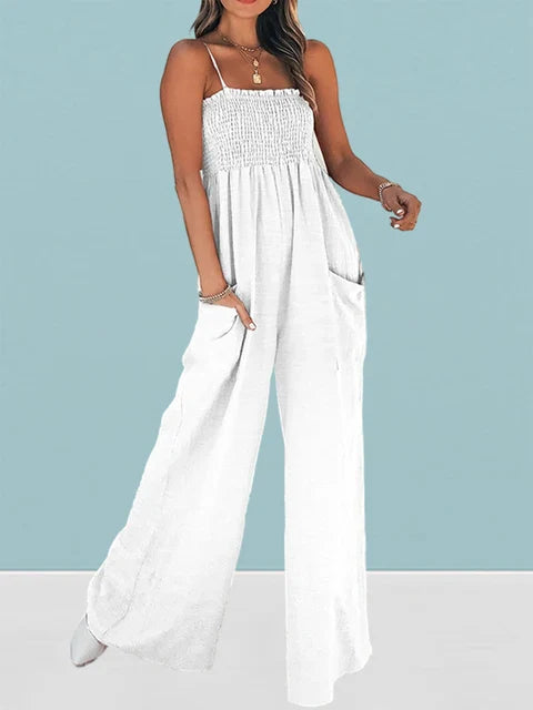 Women's Jumpsuit - Smocked Bodice - Spaghetti Straps - Wide Leg with Pockets