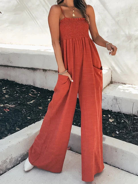 Women's Jumpsuit - Smocked Bodice - Spaghetti Straps - Wide Leg with Pockets