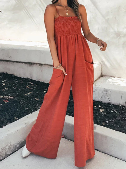 Women's Jumpsuit - Smocked Bodice - Spaghetti Straps - Wide Leg with Pockets