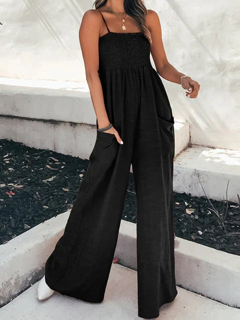 Women's Jumpsuit - Smocked Bodice - Spaghetti Straps - Wide Leg with Pockets