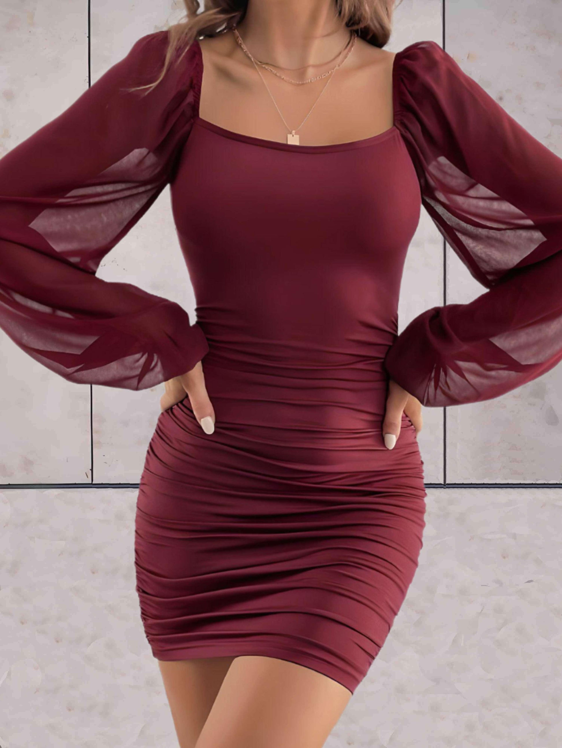 Ruched Puff Sleeve Bodycon Mini Dress