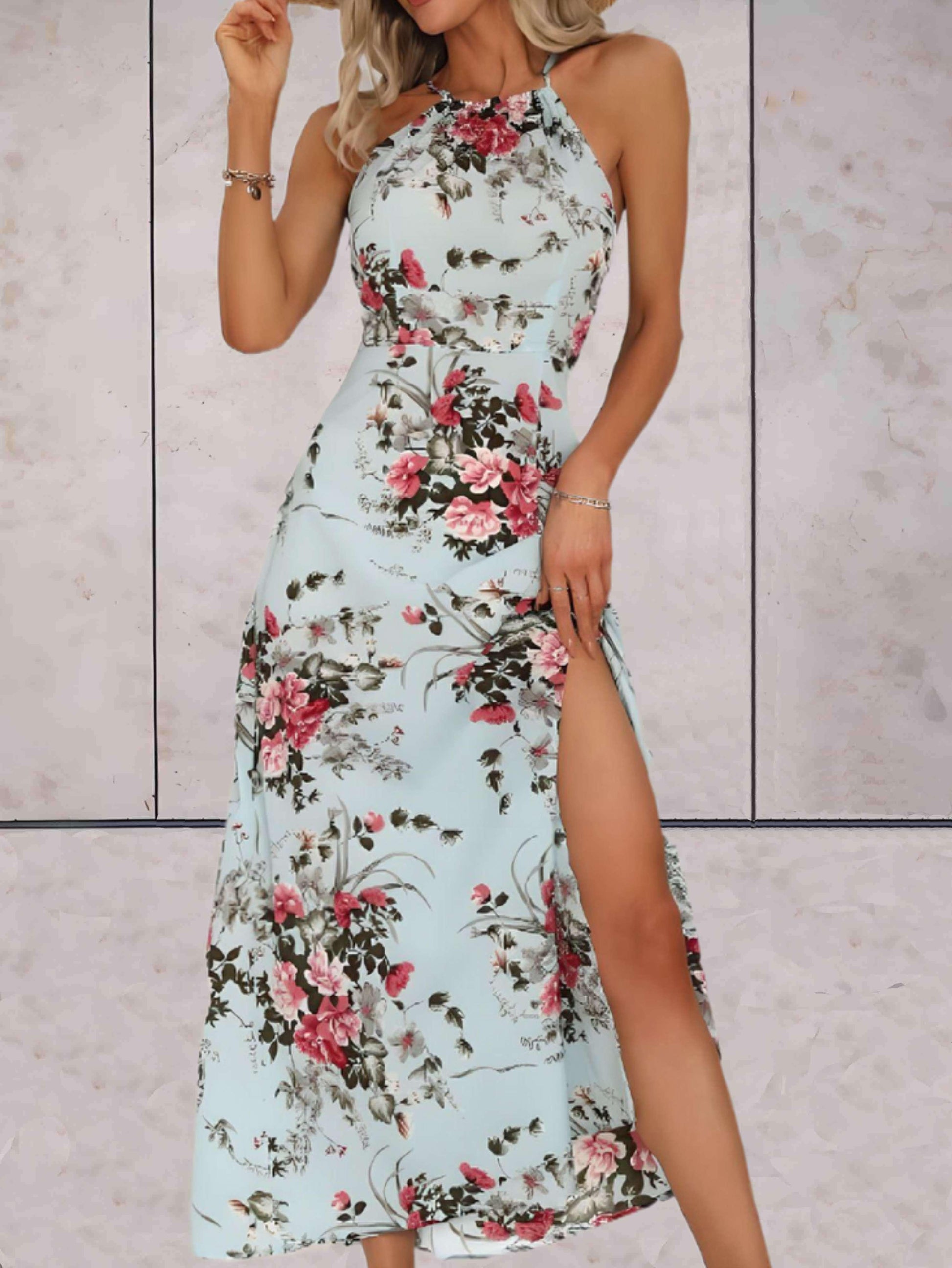 Floral Print Side Slit Summer Maxi Dress