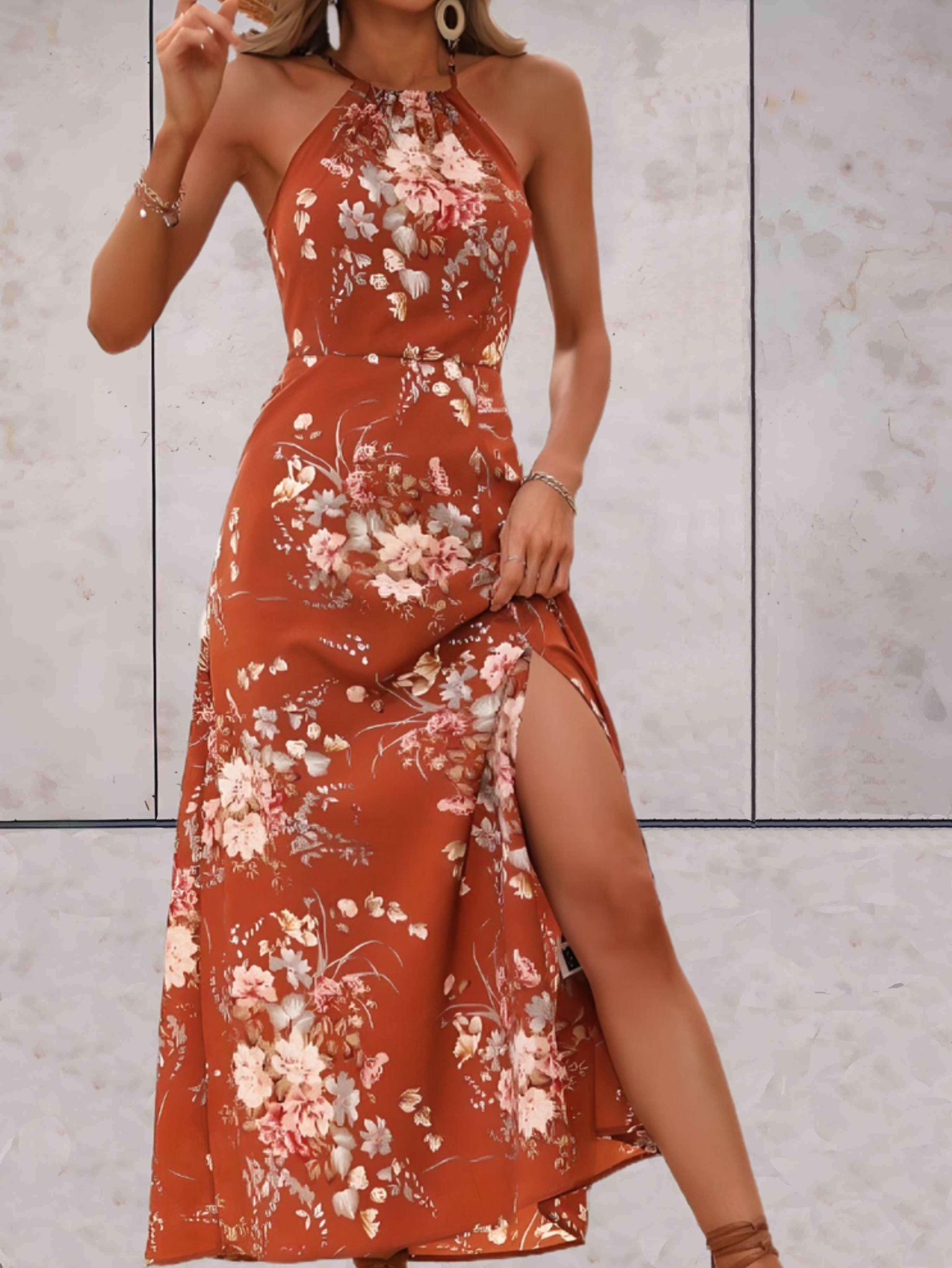 Floral Print Side Slit Summer Maxi Dress