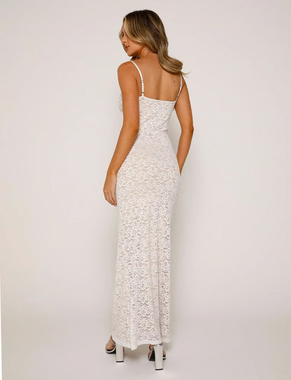 Women’s Evening Dress – Lace Overlay – Slim Fit – V-Neck – Full Length – Spaghetti Strap
