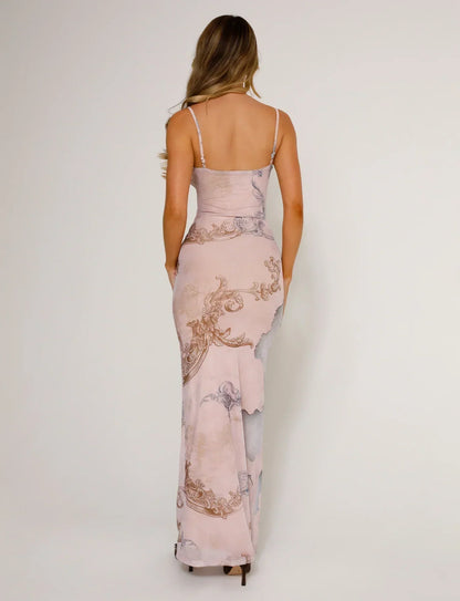 Women’s Full-Length Dress – Fitted Silhouette – Floral Lace – V-Neck Thin Straps