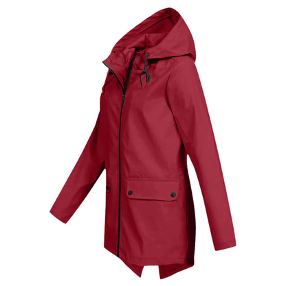 Women's waterproof hooded long rain coat with zipper