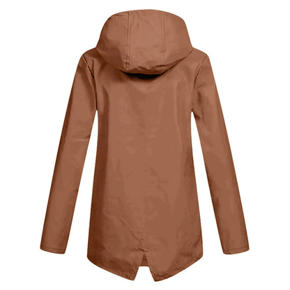 Women's waterproof hooded long rain coat with zipper