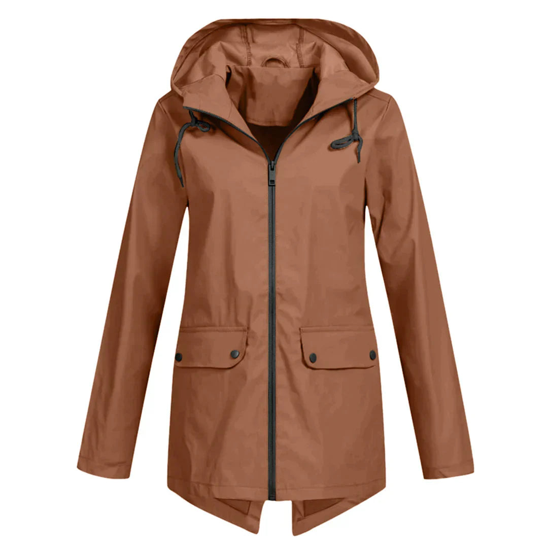 Women's waterproof hooded long rain coat with zipper