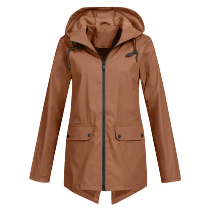 Women's waterproof hooded long rain coat with zipper