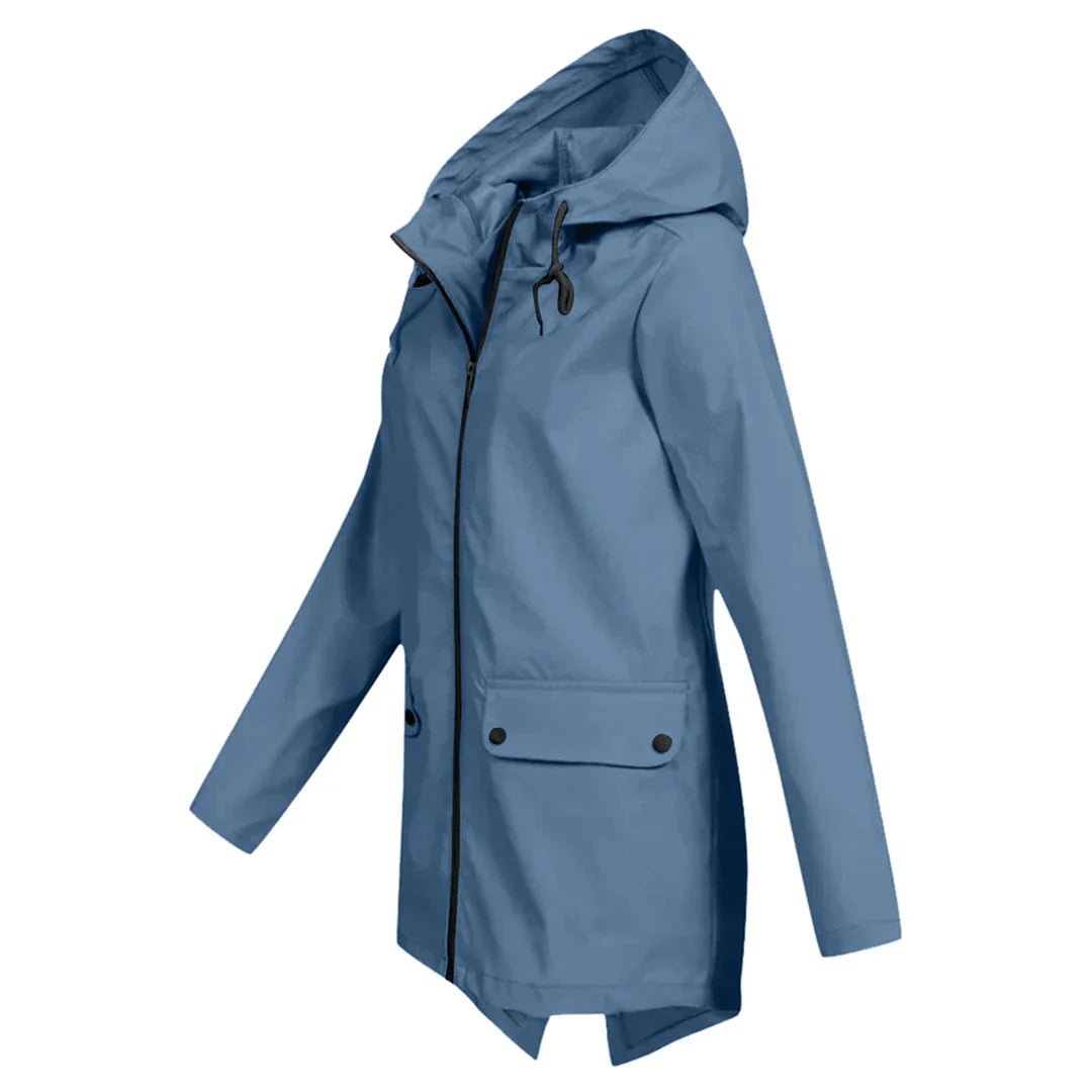 Women's waterproof hooded long rain coat with zipper