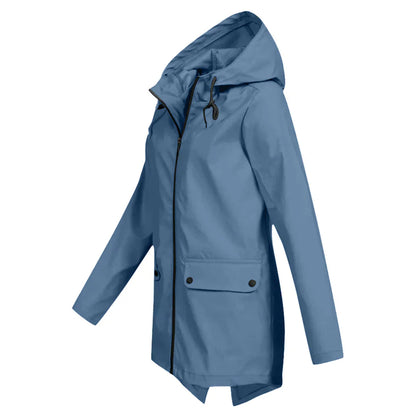 Women's waterproof hooded long rain coat with zipper