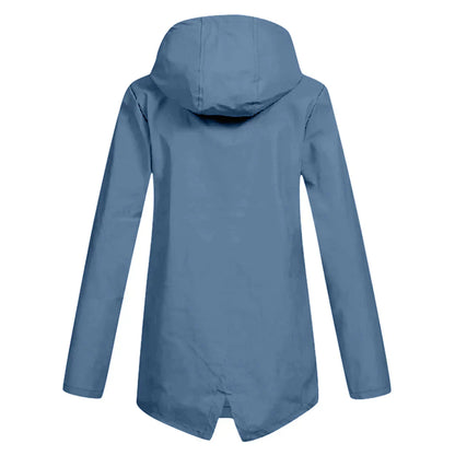Women's waterproof hooded long rain coat with zipper