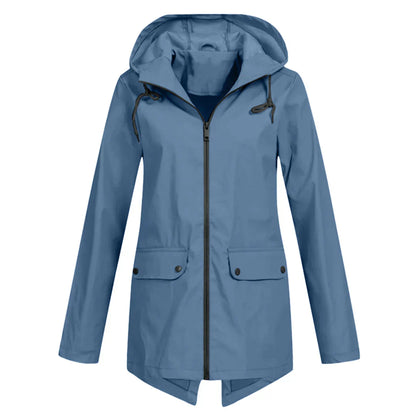 Women's waterproof hooded long rain coat with zipper