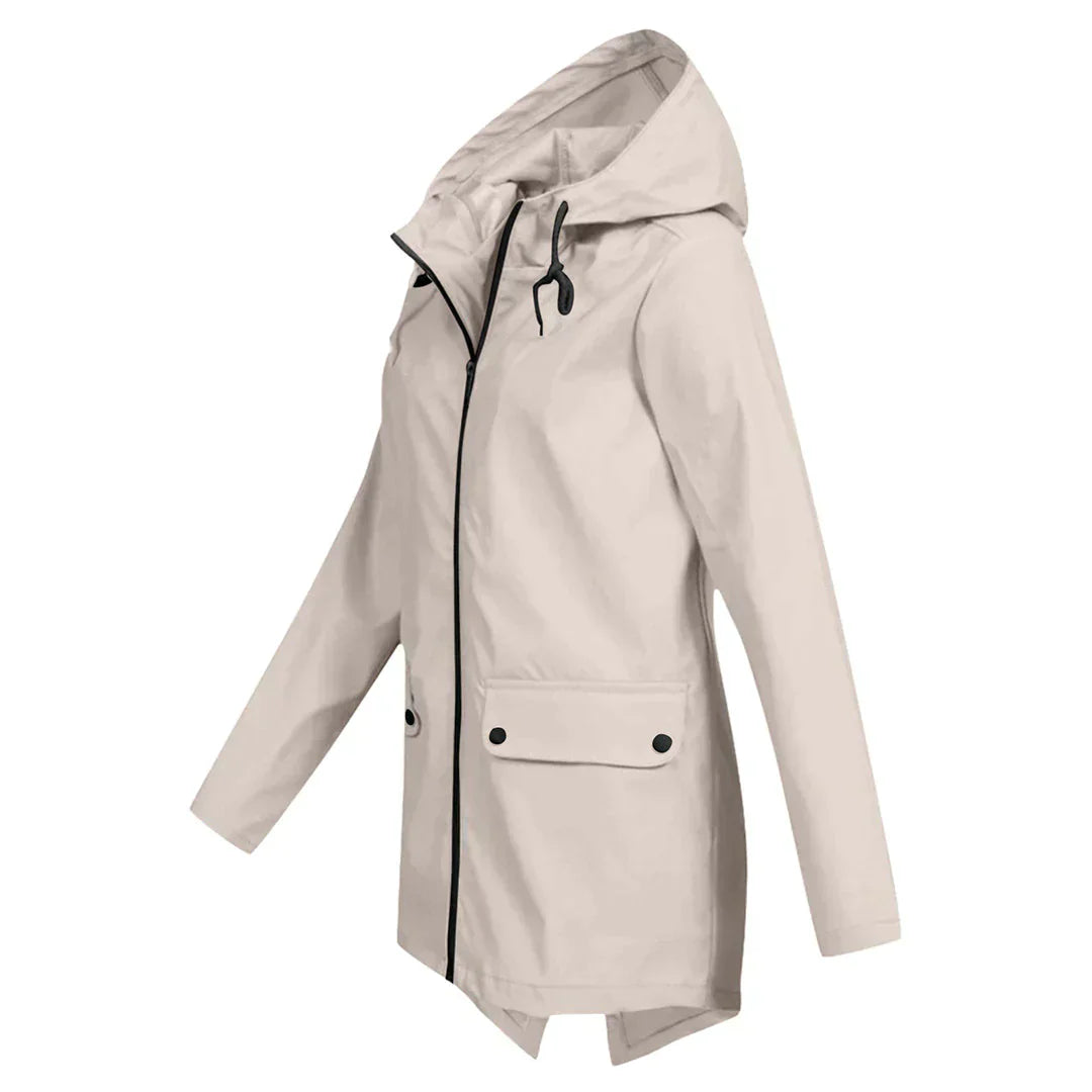 Women's waterproof hooded long rain coat with zipper