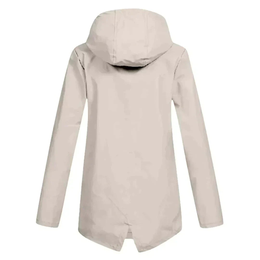 Women's waterproof hooded long rain coat with zipper