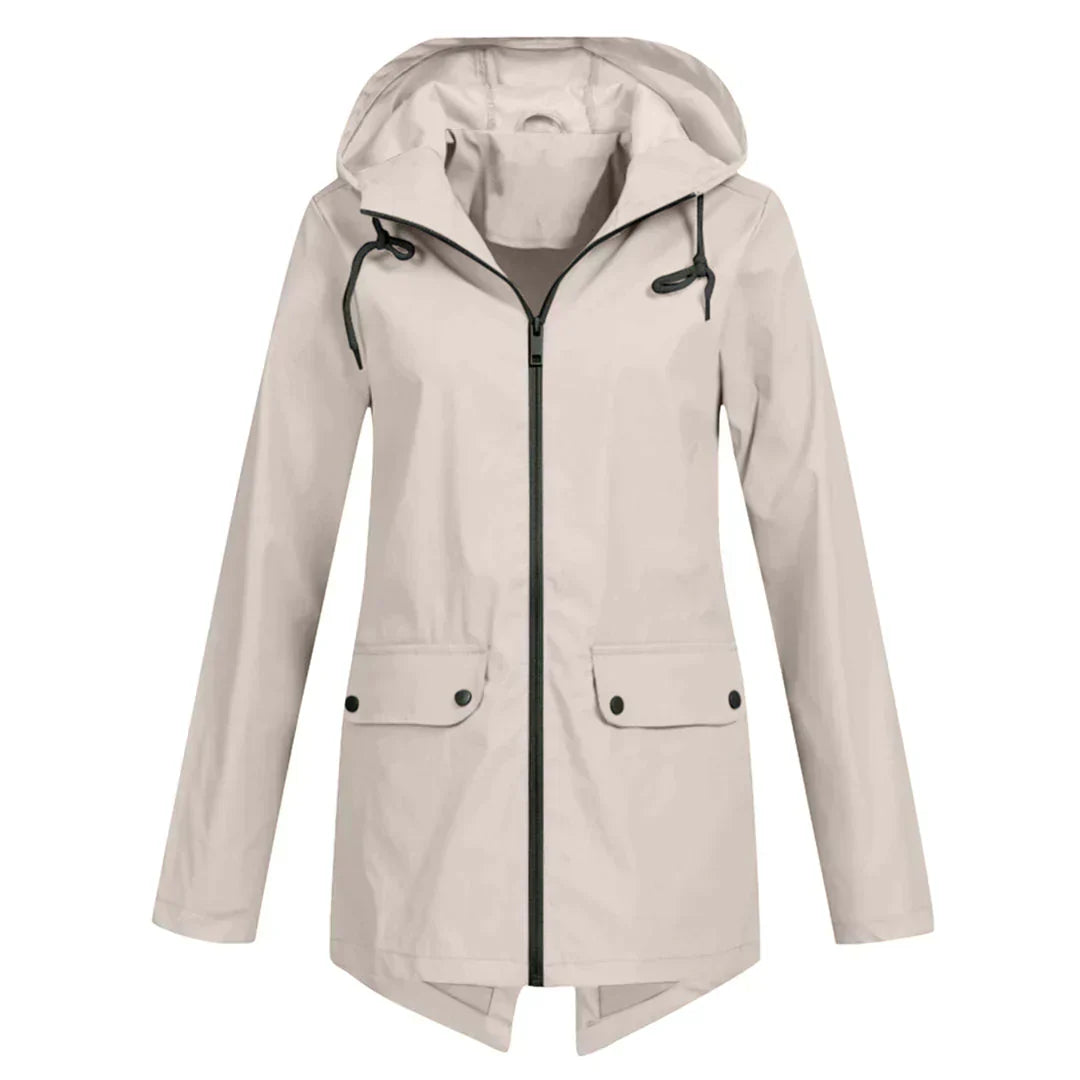 Women's waterproof hooded long rain coat with zipper