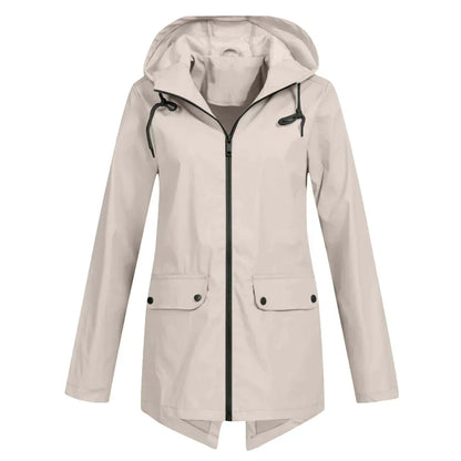 Women's waterproof hooded long rain coat with zipper