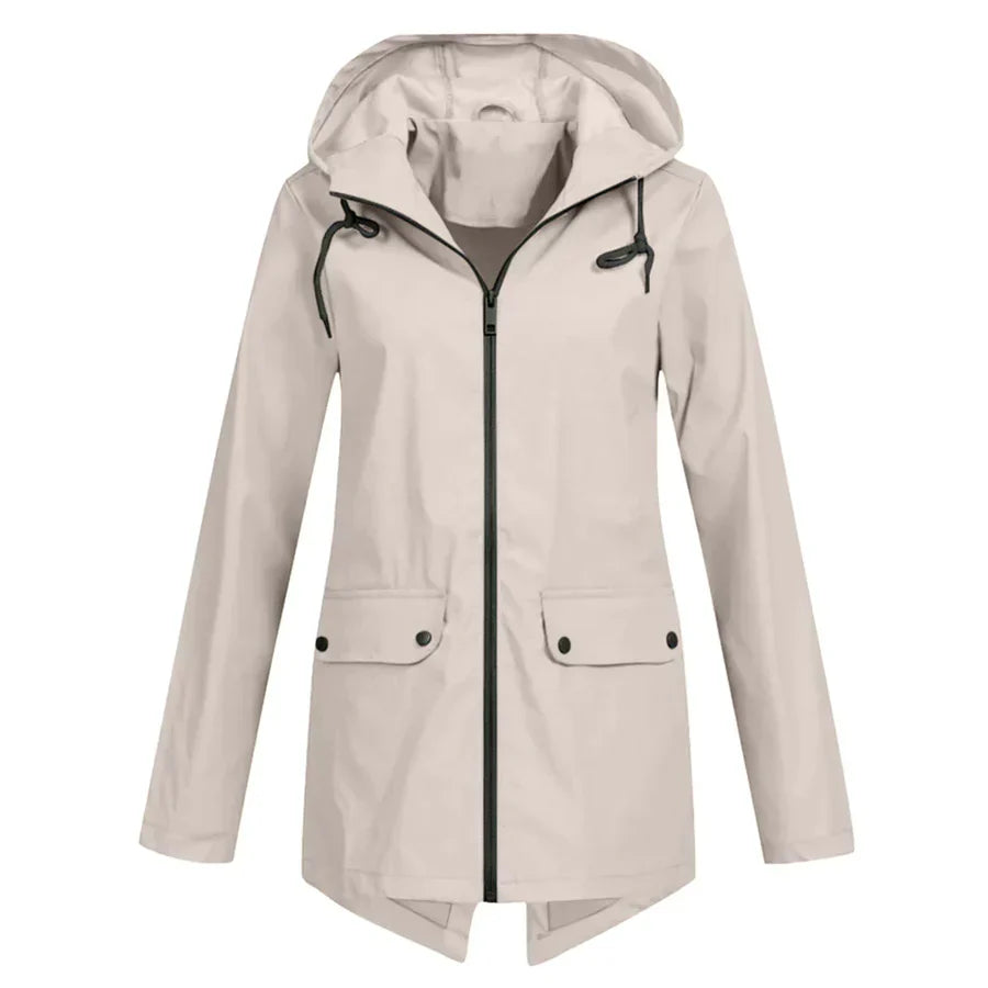 Hooded waterproof zip-up coat for women with front pockets