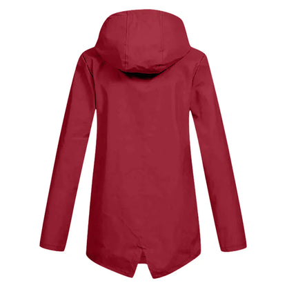 Women's waterproof hooded long rain coat with zipper