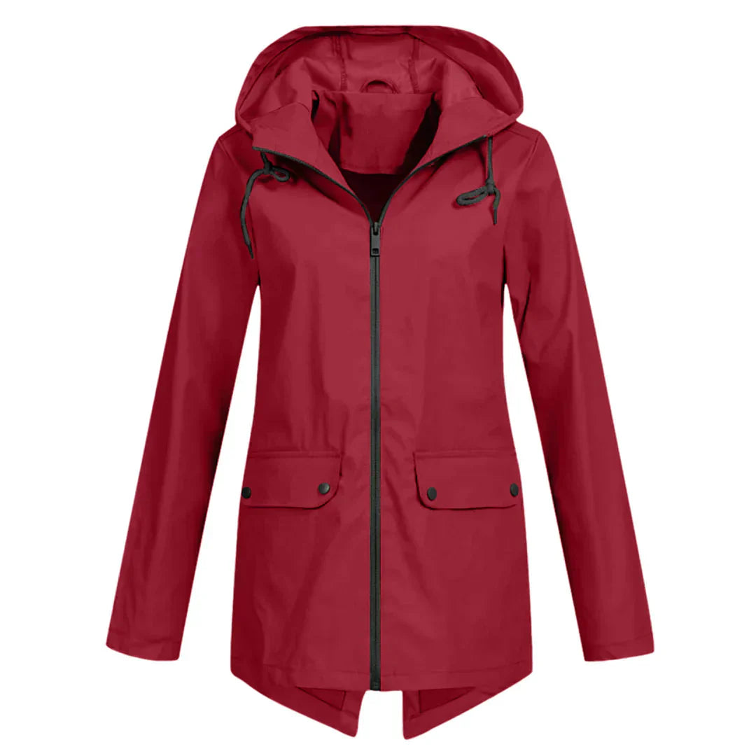 Women's waterproof hooded long rain coat with zipper