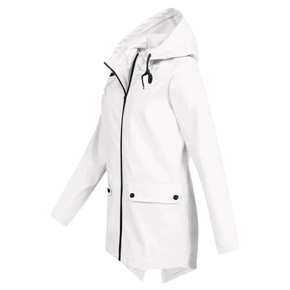 Women's waterproof hooded long rain coat with zipper