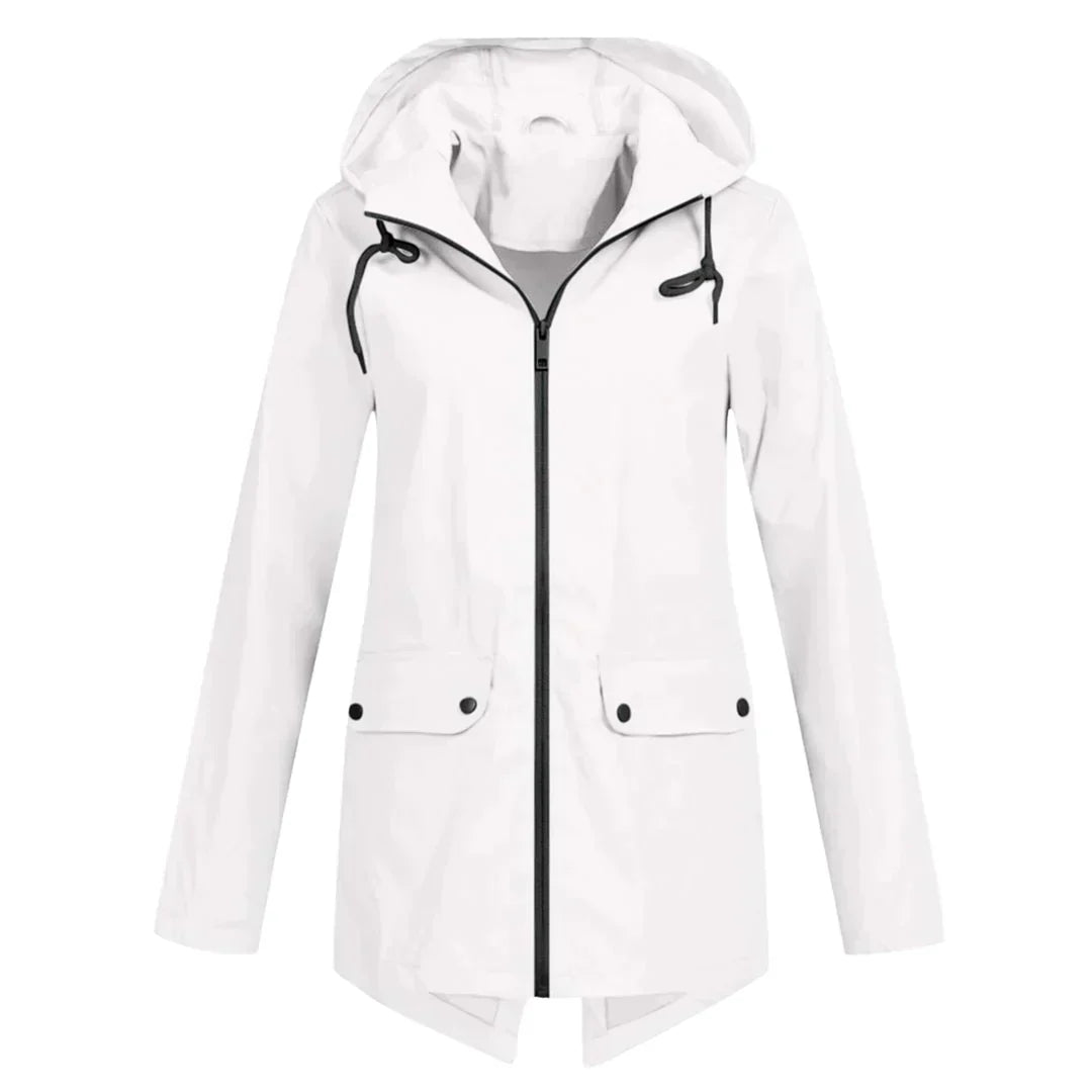 Women's waterproof hooded long rain coat with zipper