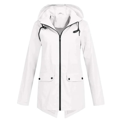 Women's waterproof hooded long rain coat with zipper