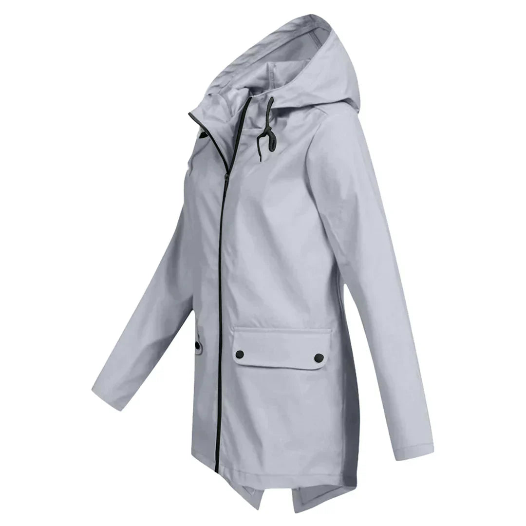 Women's waterproof hooded long rain coat with zipper
