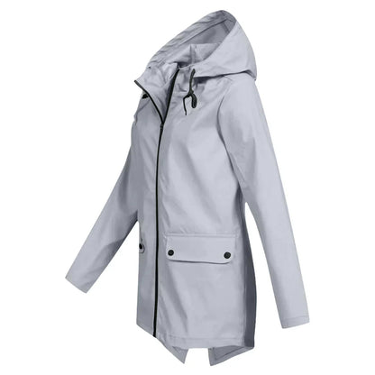 Women's waterproof hooded long rain coat with zipper