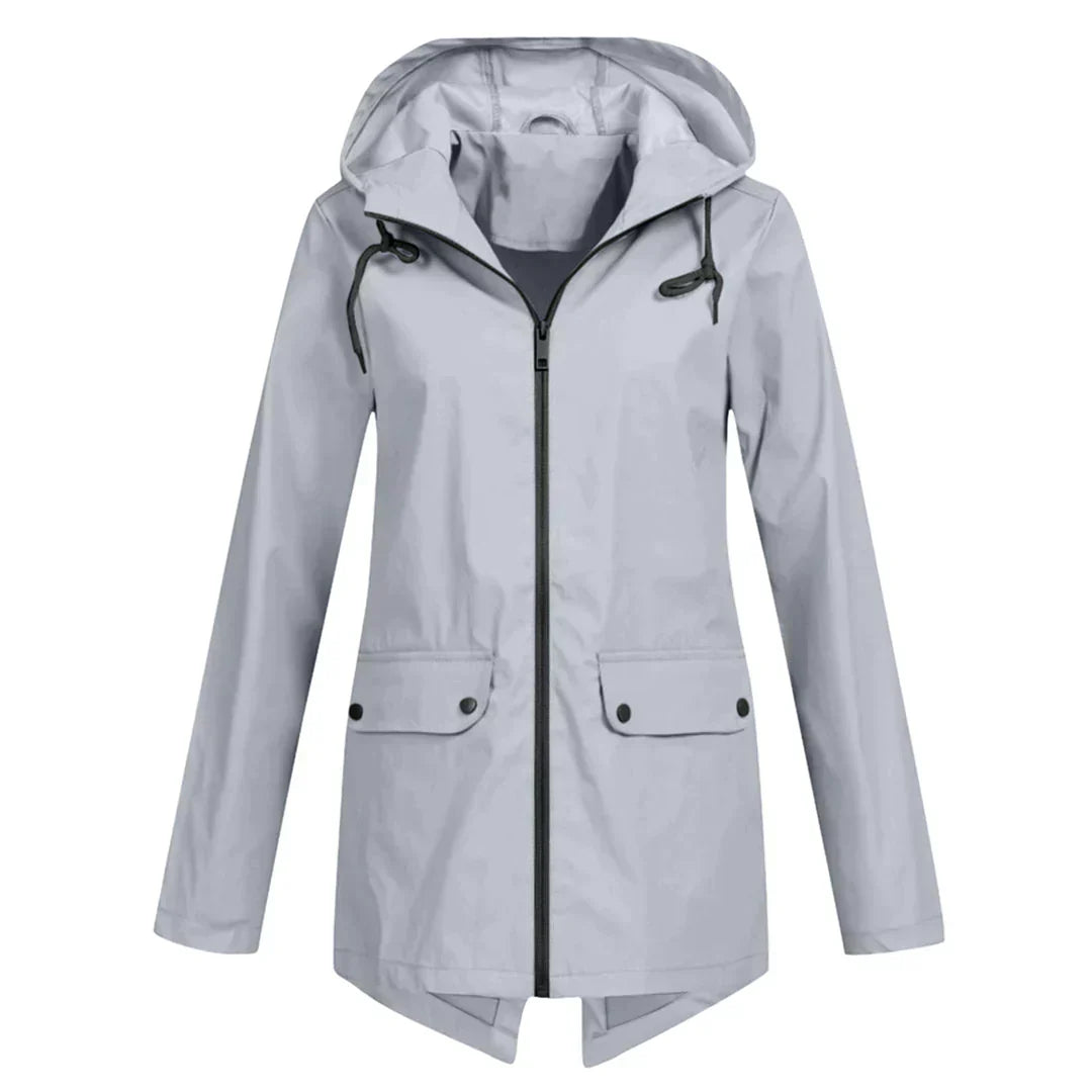 Women's waterproof hooded long rain coat with zipper