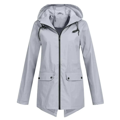 Women's waterproof hooded long rain coat with zipper