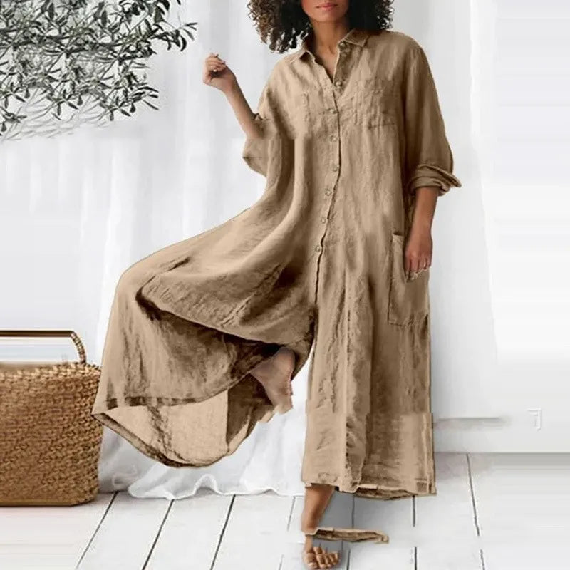 Women’s Jumpsuit – Oversized Fit – Breathable Blend – Full-Length – Button-Down – Pocketed