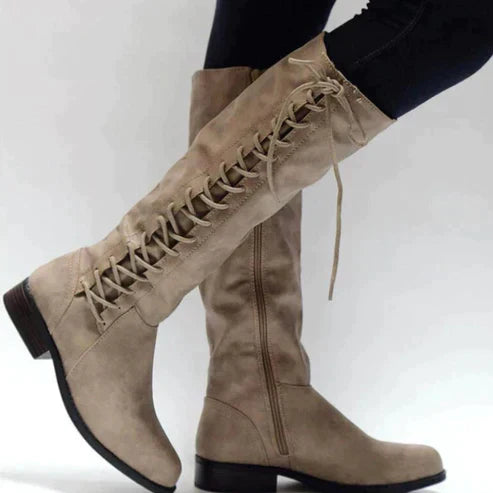 Sleek Lace-Up Flat Knee-High Boots 