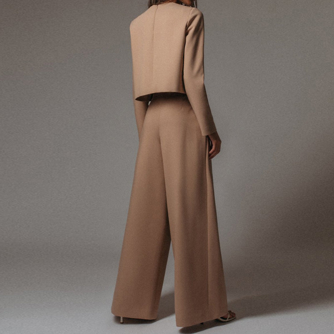 Women's casual long sleeve top and high waist wide leg trouser set