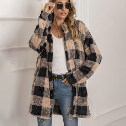 Women's plush plaid midi-length button-down coat