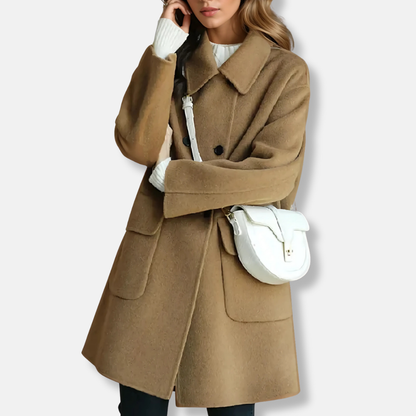 Women’s Coat - Wool Blend - Mid-Thigh Length - Double-Breasted - Notched Lapels