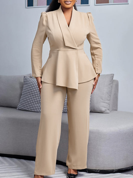 Peplum Shawl Collar High-Waist Pantsuit Set