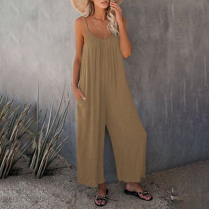 Women's Jumpsuit - Sleeveless V-Neck - Wide-Leg Relaxed Fit - With Pockets