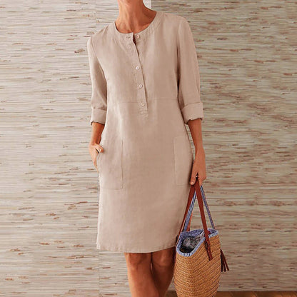Women's Casual Dress - Knee-Length Shift Fit - Button Front - Long Sleeves