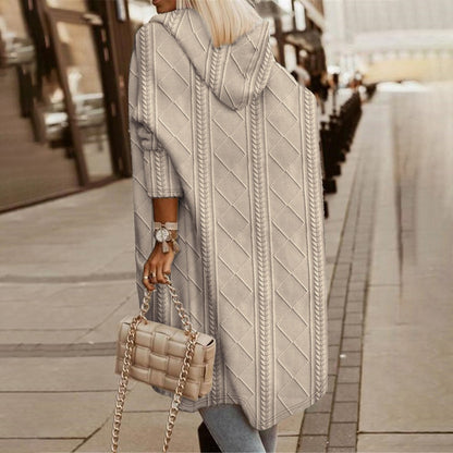Women’s Hooded Coat – Oversized Fit – Knitted Wool – Cable Knit – Full Length – Casual