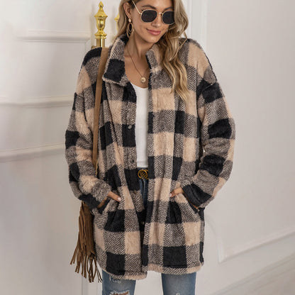 Women's plush plaid midi-length button-down coat
