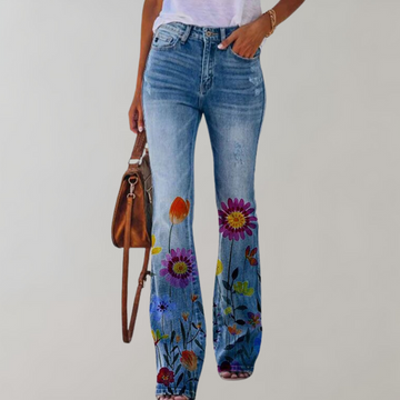 Women's peacock pattern casual jeans twill fabric trousers