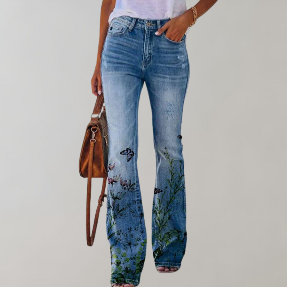 Women's peacock pattern casual jeans twill fabric trousers