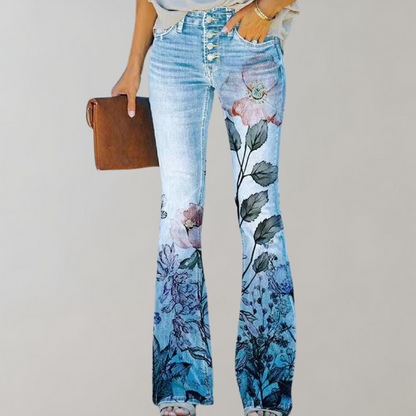 Women's peacock pattern casual jeans twill fabric trousers
