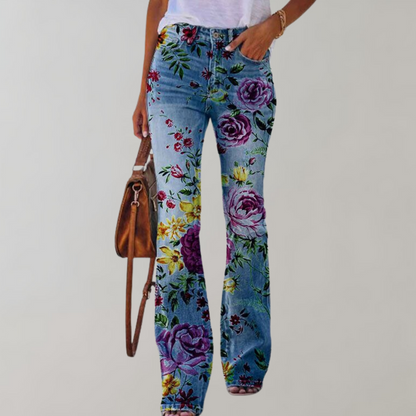 Women's peacock pattern casual jeans twill fabric trousers